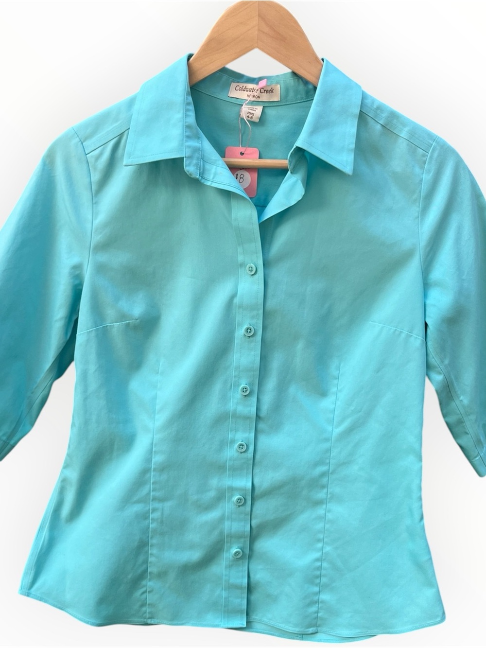 Coldwater Creek Aqua Cotton Button Down Blouse Petite Small PS Turquoise Top￼